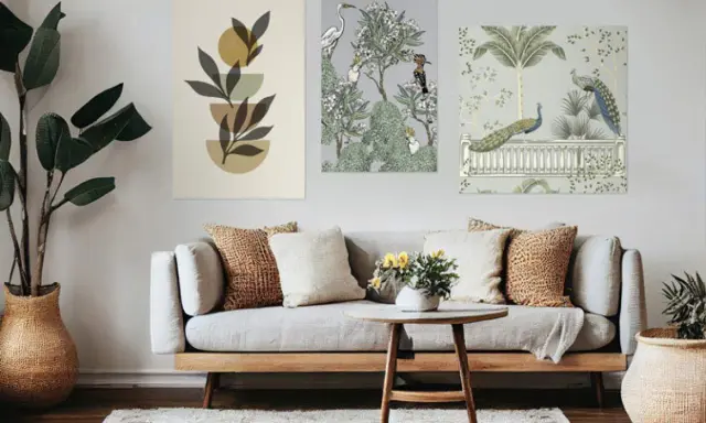 Un salon moderne avec un canapé gris, des coussins texturés et un mur de cadre orné de trois tableaux : art abstrait, oiseaux et paons dans un jardin.
