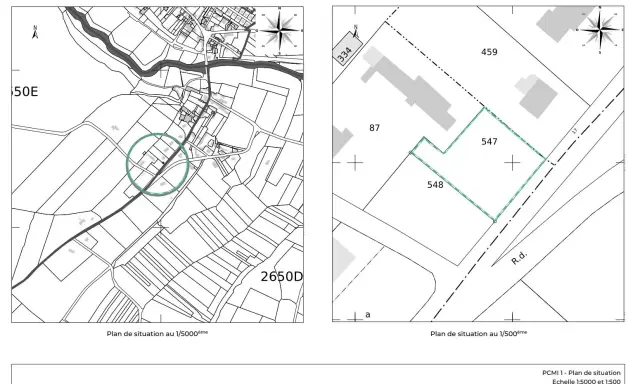 Plan de construction montrant deux cartes : une vue d'ensemble au 1/5000ème et un zoom au 1/500ème sur la parcelle 547.