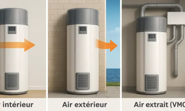 Schéma montrant comment brancher VMC sur ballon thermodynamique : air intérieur, air extérieur, air extrait.