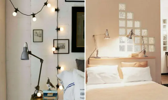 Guirlande lumineuse et lampe d'appoint dans une chambre borgne. Le mur de gauche est en briques blanches, celui de droite est beige avec des carreaux de verre.