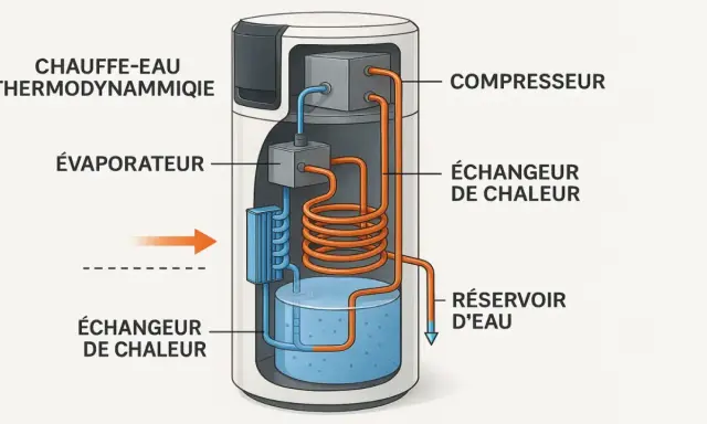Schéma d'un chauffe-eau thermodynamique air extérieur : compresseur, évaporateur, échangeurs de chaleur et réservoir d'eau.
