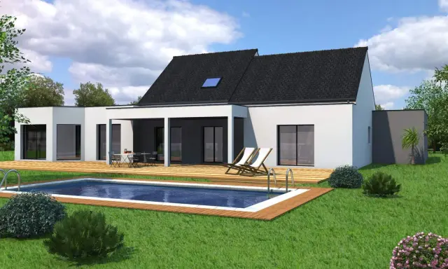 Vue 3D d'un plan maison 200m2 moderne avec piscine et terrasse en bois.