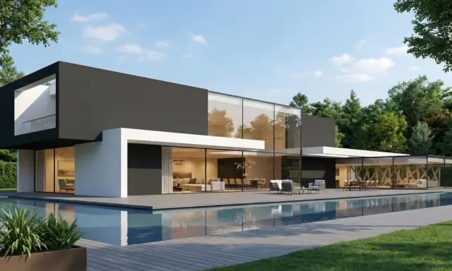 Une **maison cube moderne plain-pied** avec piscine, entourée d'arbres. Lignes épurées, grandes baies vitrées, terrasse en bois.