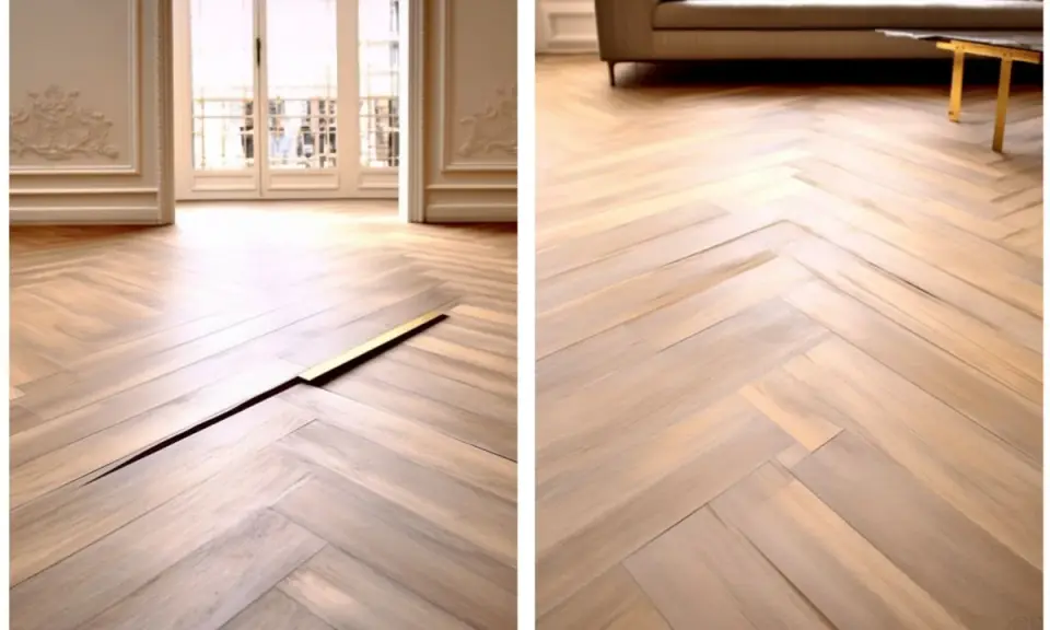 Parquet en chevrons gondolé, avec une lame dorée insérée dans une fissure.