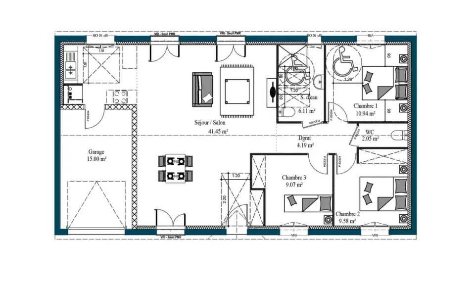 Plan d'un modèle de maison moderne avec garage, séjour spacieux, 3 chambres, salle d'eau et WC.
