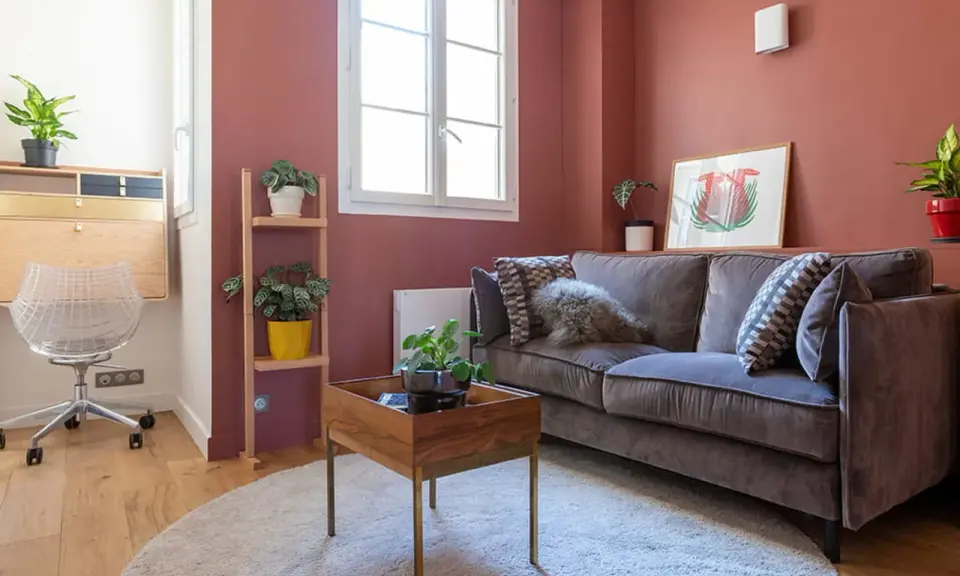 Chambre d'amis confortable avec un canapé convertible (clic clac) en velours gris, des plantes vertes et un bureau mural.