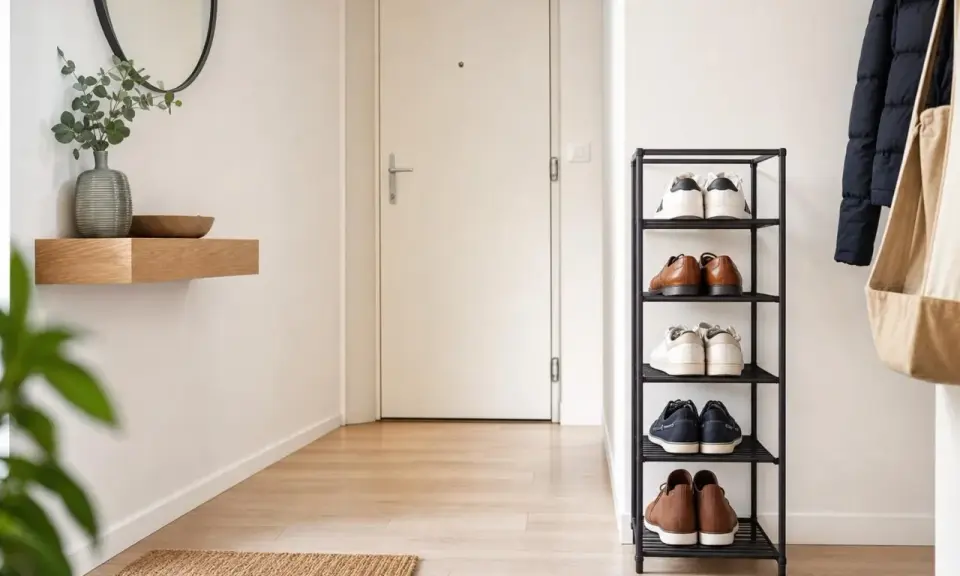 Étagère à chaussures bien rangée, parfaite pour ranger ses chaussures dans un couloir lumineux.