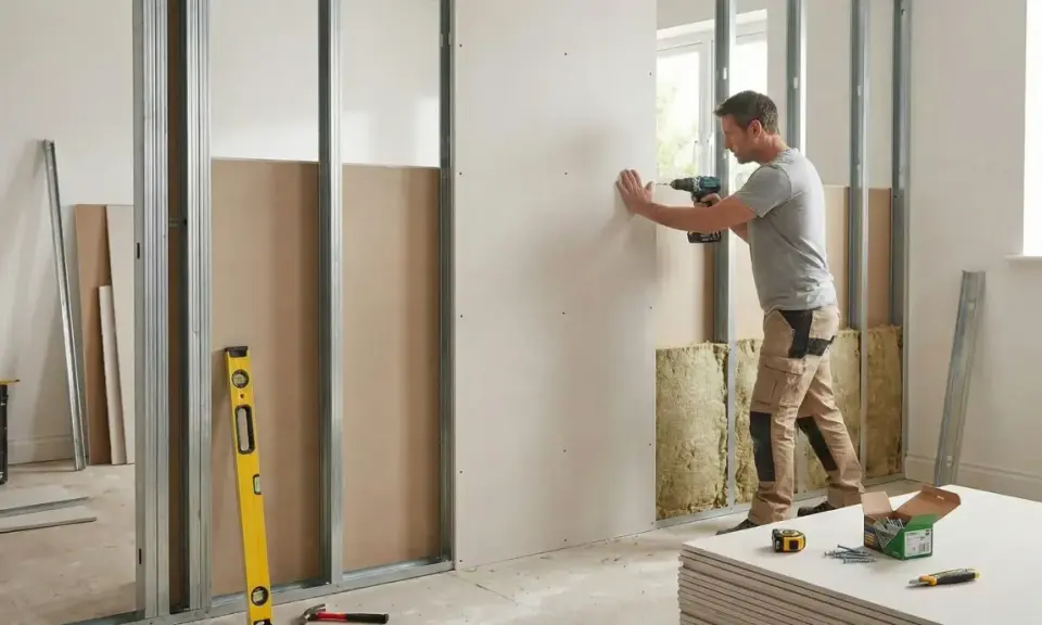 Un homme utilise une perceuse pour poser du placo sur une structure métallique. Des outils et des plaques de plâtre sont visibles.