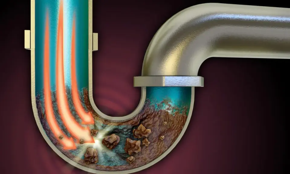 Une canalisation bouchée avec des débris et une odeur nauséabonde. Des flèches rouges indiquent un flux bloqué.