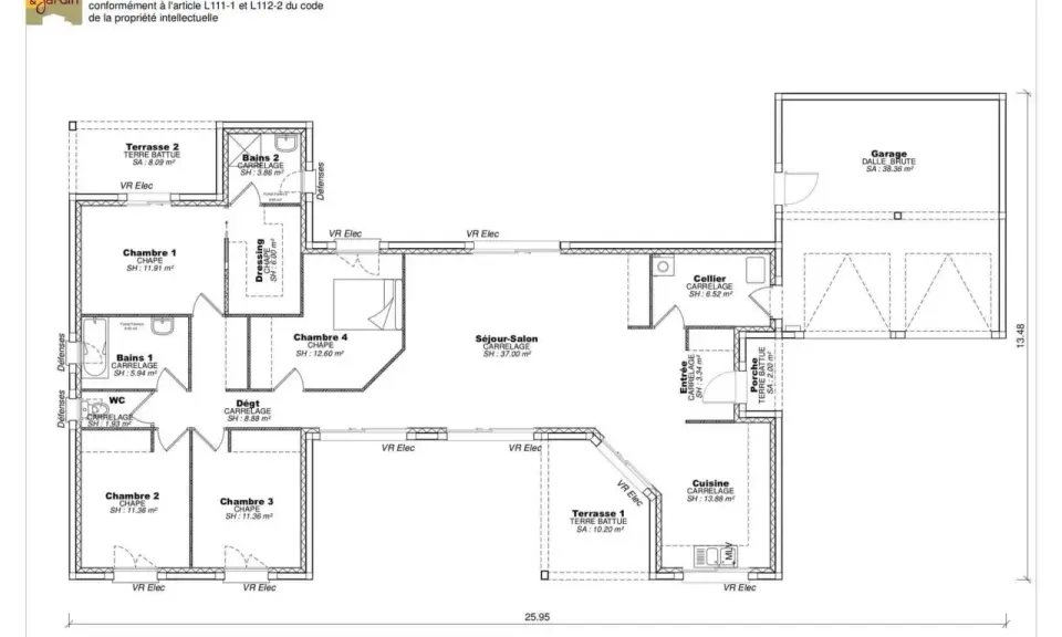 Plan d'une maison Napoli 4 avec garage, 4 chambres, séjour-salon, cuisine, cellier, 2 terrasses. Ce type de maison offre un espace de vie spacieux.