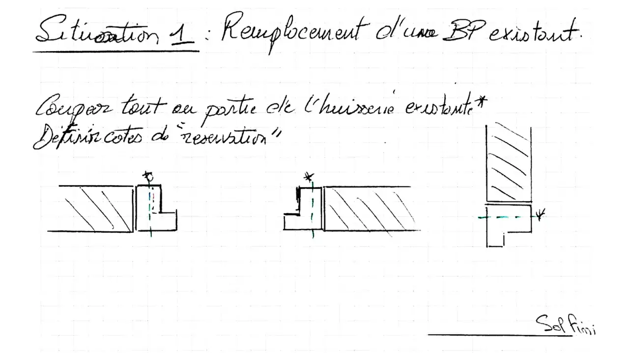 Schéma illustrant la coupe d'une huisserie existante pour définir la dimension hors tout porte et la réservation.