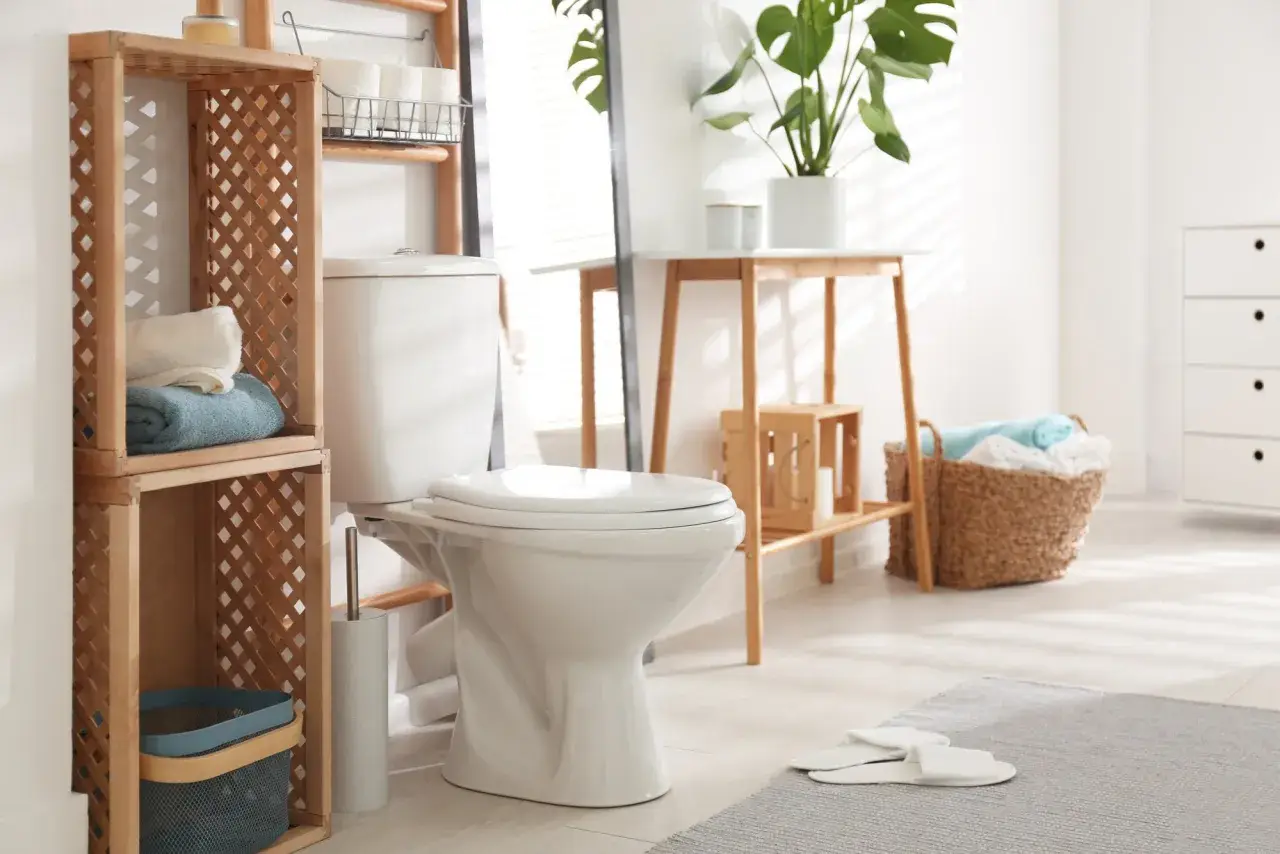 Idées pour comment décorer des toilettes : étagères en bois, paniers tressés, plantes vertes et serviettes douces créent une ambiance chaleureuse.