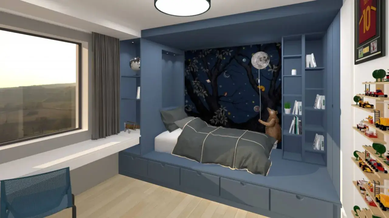 Idée pour aménager petite chambre enfant : lit intégré avec rangements, mur étoilé, ours en peluche et vue sur la campagne.