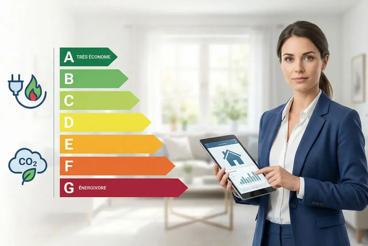 Une femme en costume bleu présente une tablette affichant des données sur la classe énergie d'une maison. L'échelle de A (très économe) à G (énergivore) est visible.