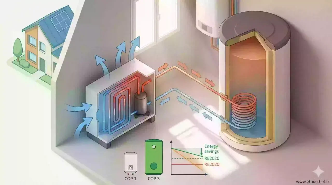 Schéma d'un chauffe eau thermodynamique intérieur, montrant le circuit de chauffage et le ballon d'eau chaude.