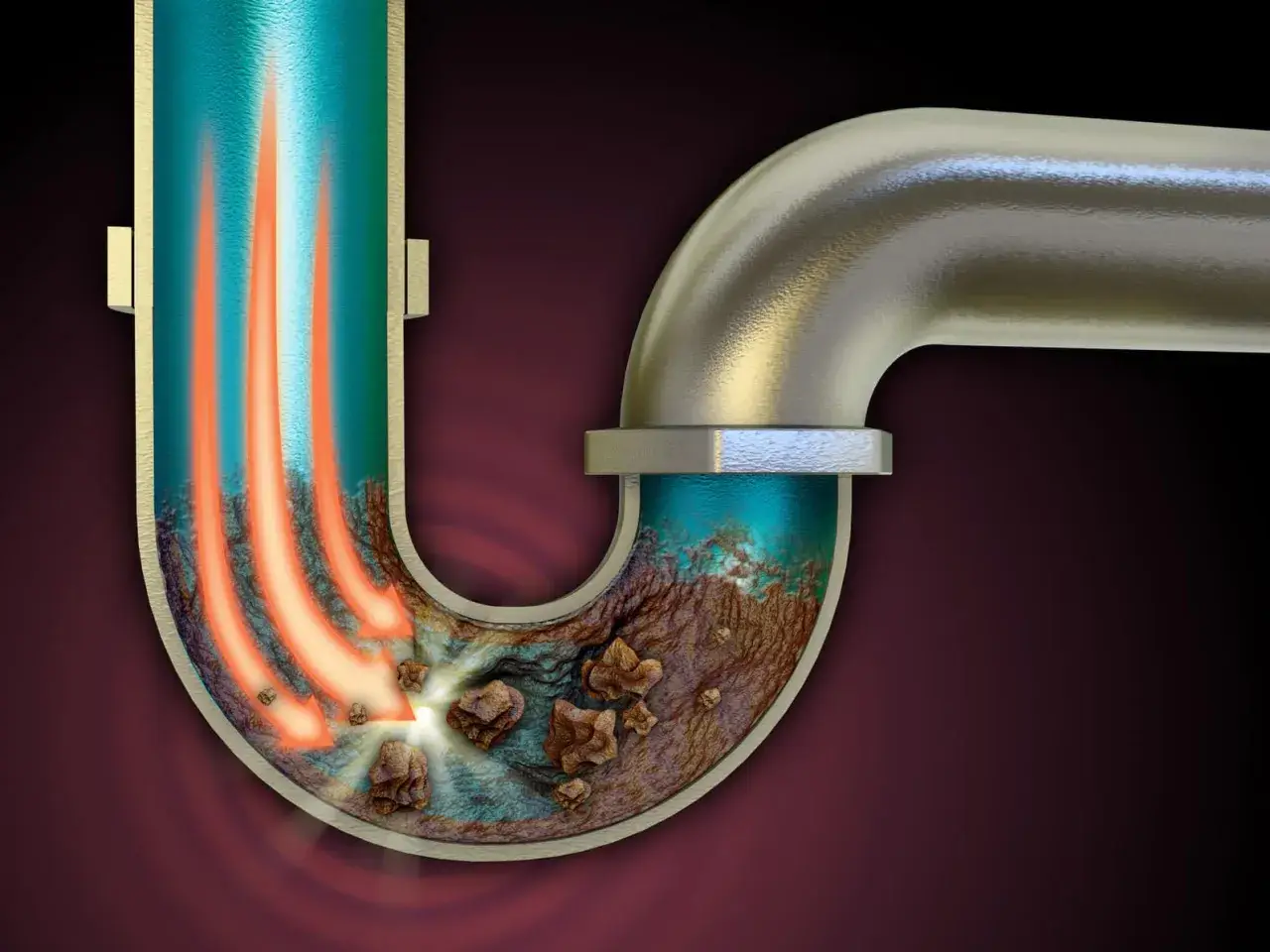 Une canalisation bouchée avec des débris et une odeur nauséabonde. Des flèches rouges indiquent un flux bloqué.