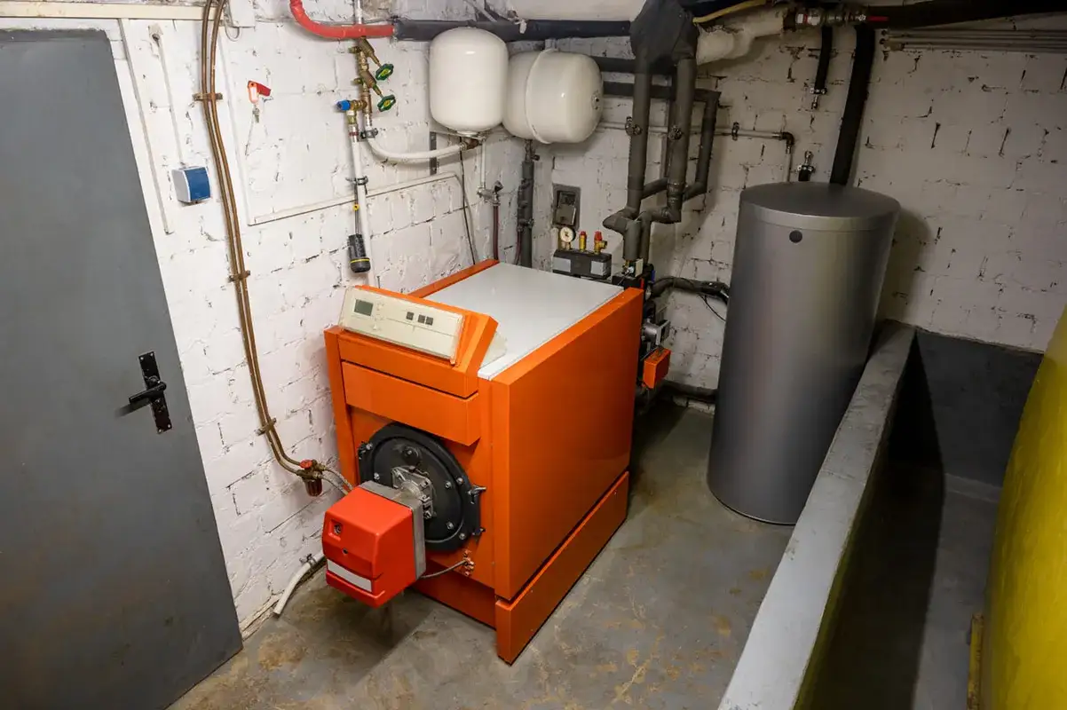 Une vieille chaudière fioul orange trône dans une chaufferie, entourée de tuyaux et d'un ballon d'eau chaude.