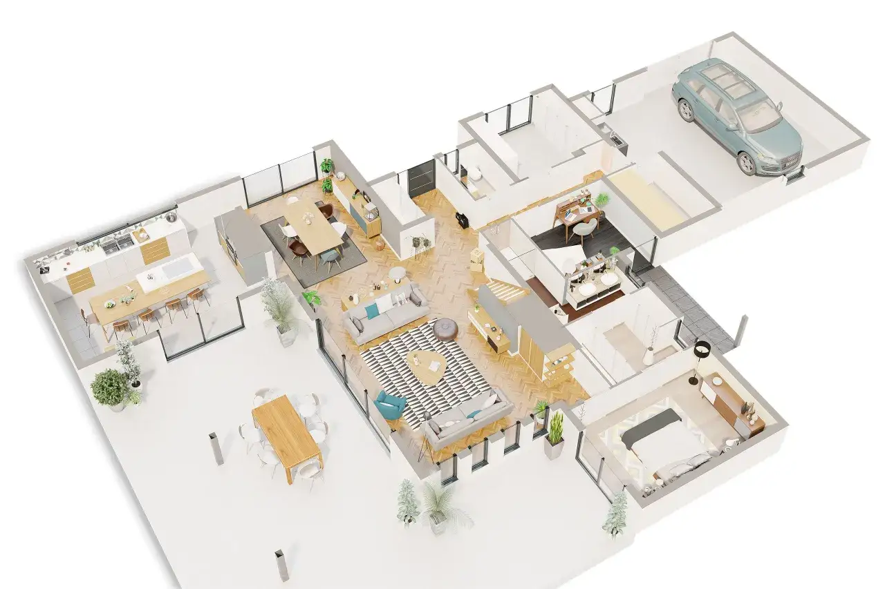 Vue 3D d'un plan maison 200m2 : cuisine, salon, bureau, chambre, garage avec voiture.