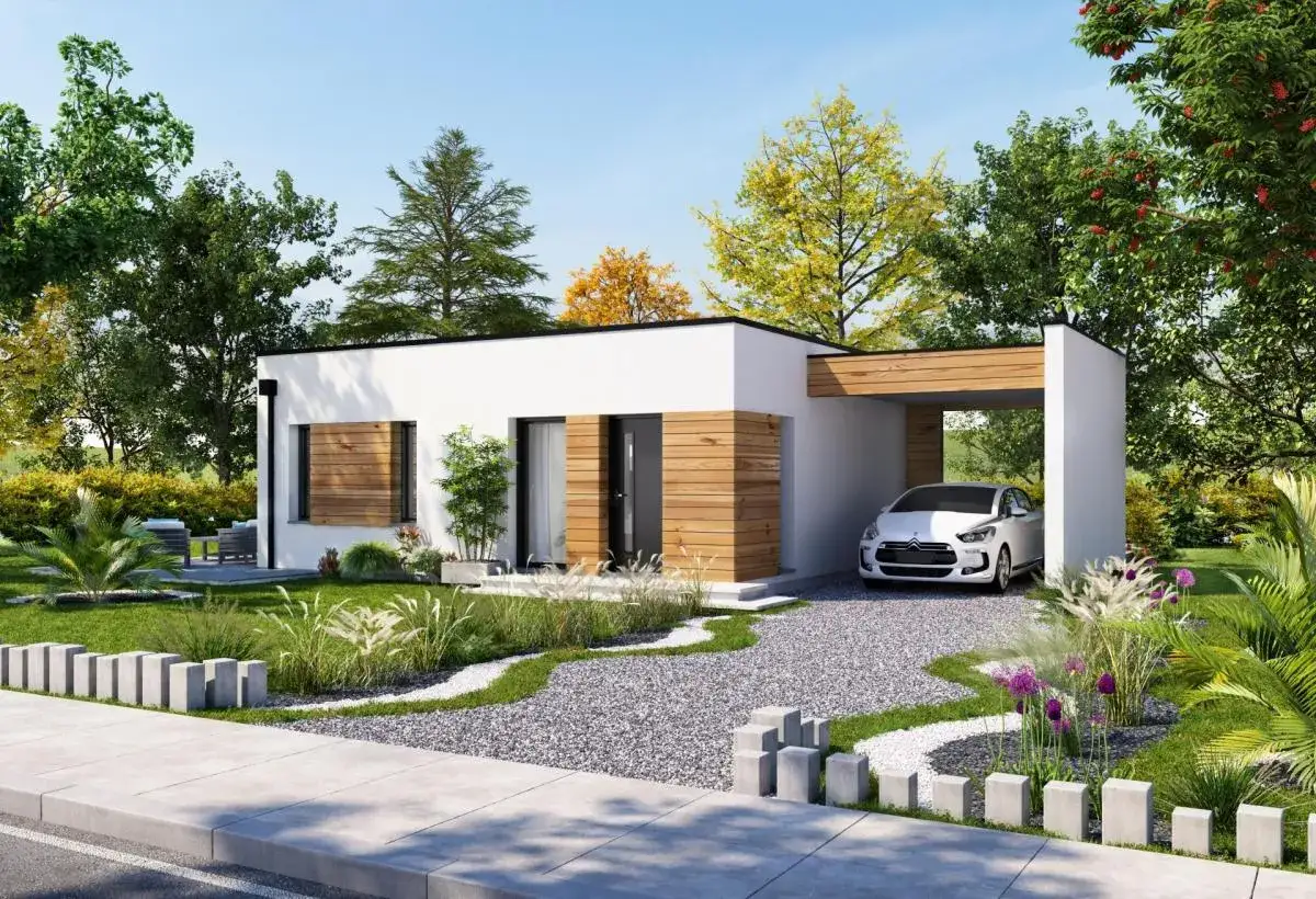 Maison moderne plain-pied 100m2 avec garage intégré. Prix attractif pour ce modèle contemporain.