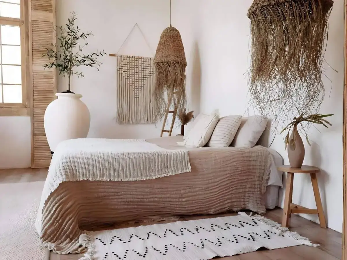 Une chambre &agrave; la d&eacute;coration moderne et boh&egrave;me, avec un lit douillet, des suspensions en paille et une plante imposante.