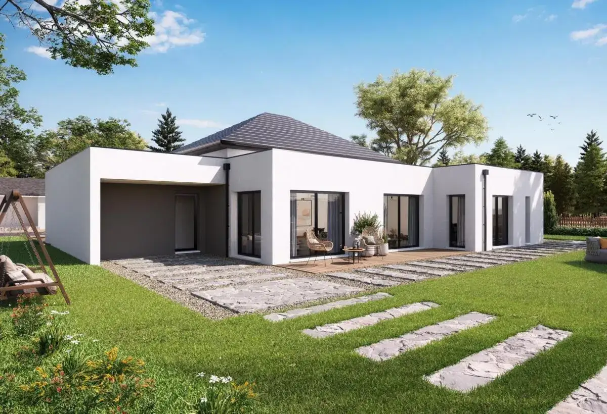 Maison moderne avec garage intégré, terrasse en bois et jardin. Ce plan maison 3 chambres offre un espace de vie lumineux et fonctionnel.