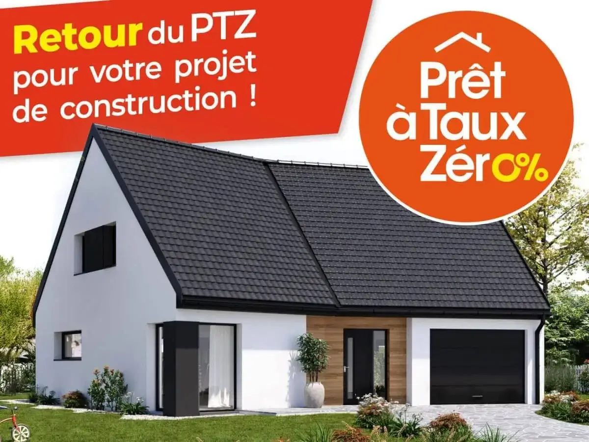 Maison moderne blanche avec garage, idéale pour votre projet de construction avec le PTZ.