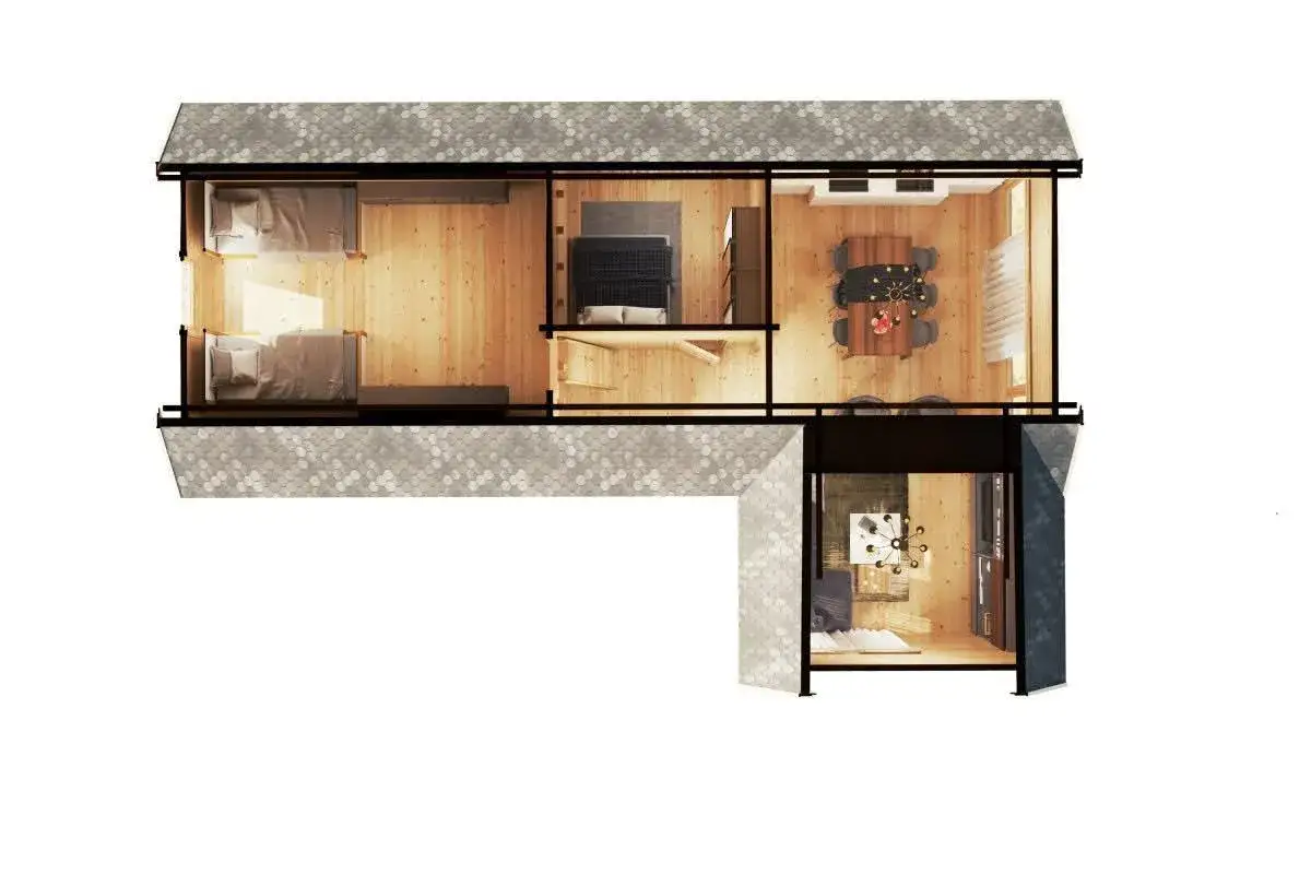 Vue aérienne d'un plan chalet en bois avec deux chambres, une salle à manger et un salon.