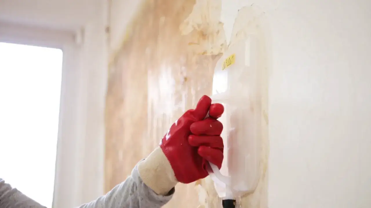 Main tenant en gant rouge utilise un appareil pour décoller papier peint. La vapeur ramollit la vieille tapisserie.