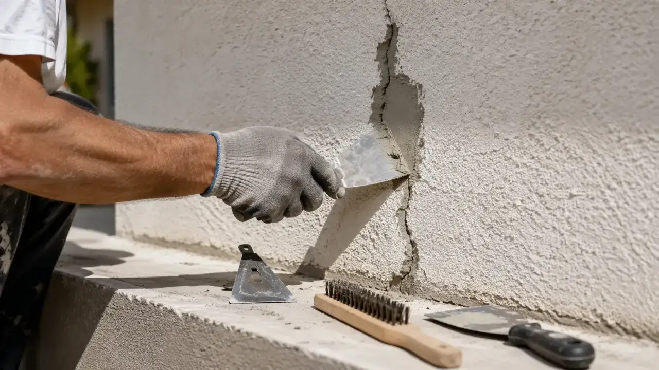Un artisan utilise une spatule pour réparer une grosse fissure sur un mur extérieur. Des outils de maçonnerie sont posés à proximité.