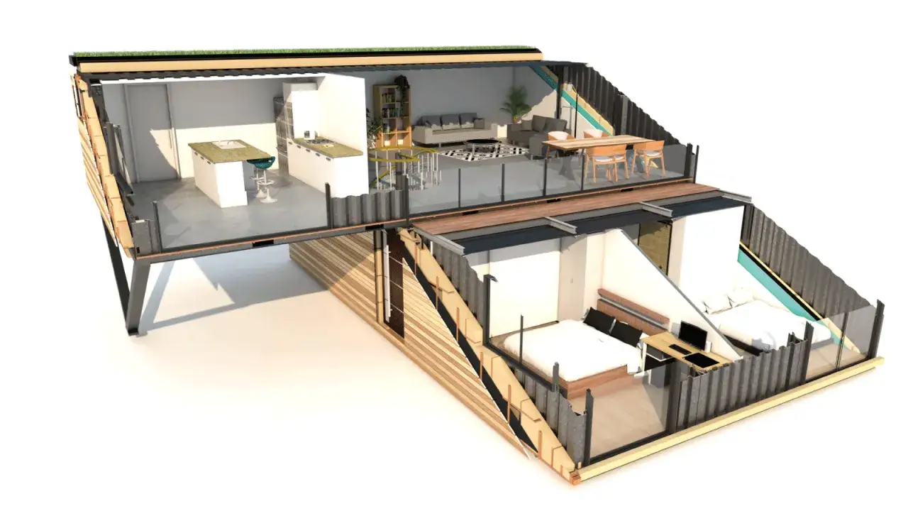 Coupe d'une maison container moderne avec cuisine, salon, salle à manger et chambres.