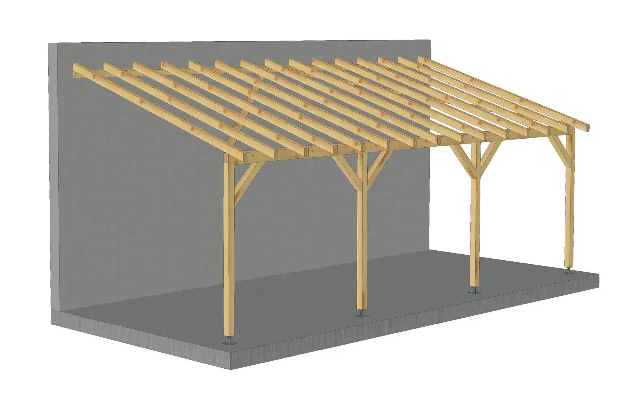 Structure en bois pour un toit plat, fixée à un mur et soutenue par des poteaux.