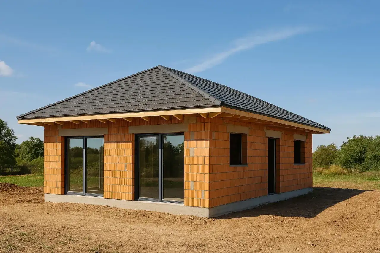 Maison en briques orange en construction, avec toit sombre et grandes fenêtres. Un projet de construire maison pour 80 000 euros.