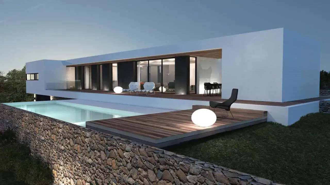 Magnifique construction maison contemporaine avec piscine, terrasse en bois et mobilier design, éclairée par des sphères lumineuses.