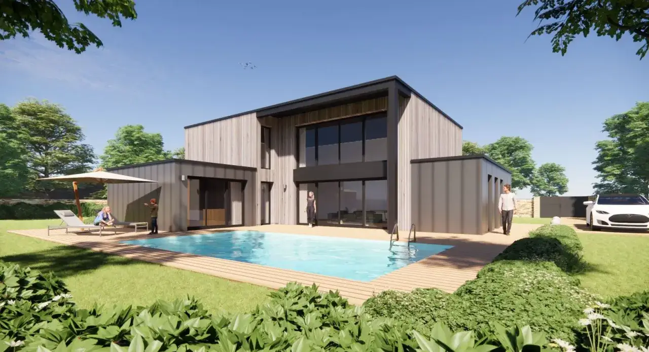 Une petite maison passive moderne avec piscine et terrasse en bois. Des personnes profitent du soleil, une voiture électrique est garée.