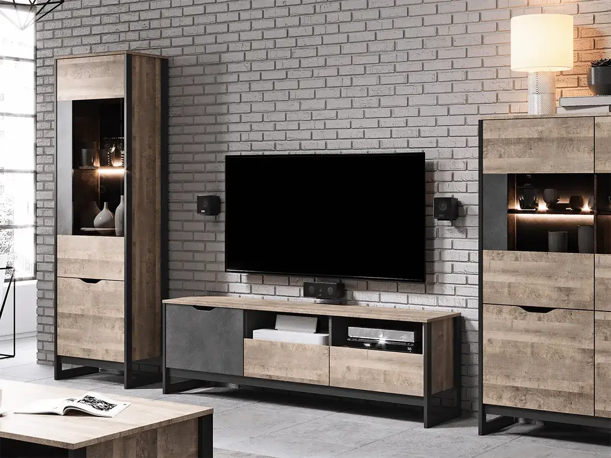 Meuble TV moderne avec rangements intégrés, idéal pour comment cacher des fils électriques et organiser votre salon.
