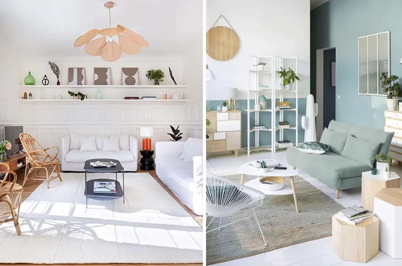 Aménagement salon salle à manger 30m2. Deux ambiances déco : l'une lumineuse avec canapé blanc et rotin, l'autre plus colorée avec canapé vert d'eau.