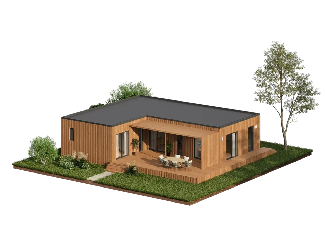 Maison moderne en bois avec terrasse et mobilier extérieur, parfaite pour construire sa propre maison de rêve.