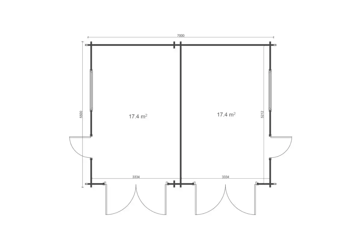 Plan d'une maison double garage de 7m x 5.2m, chaque partie fait 17.4 m².