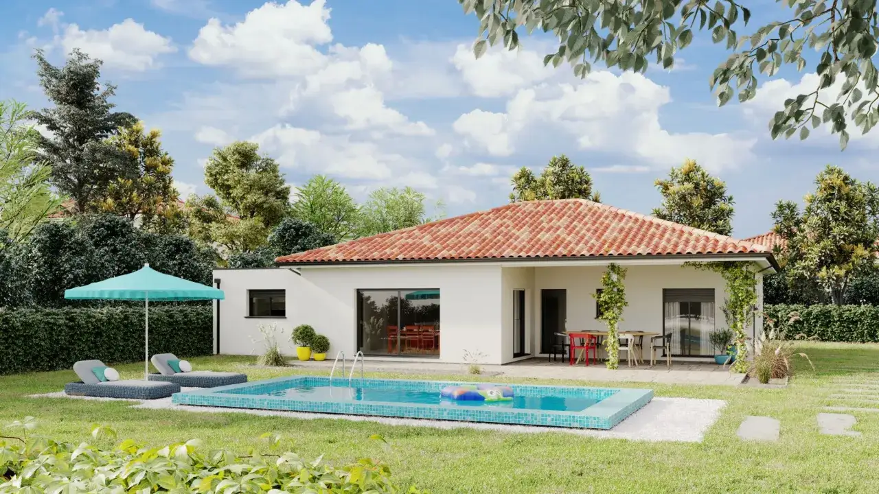 Une charmante maison du sud avec piscine, parasol, chaises longues et table extérieure, entourée d'arbres verdoyants sous un ciel bleu.