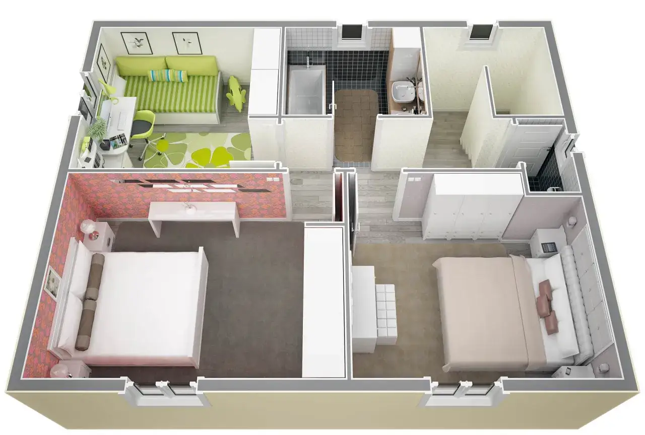 Plan d'une maison de 40m2. Le sol révèle un agencement optimisé avec deux chambres, un salon/bureau, une cuisine et une salle de bain.