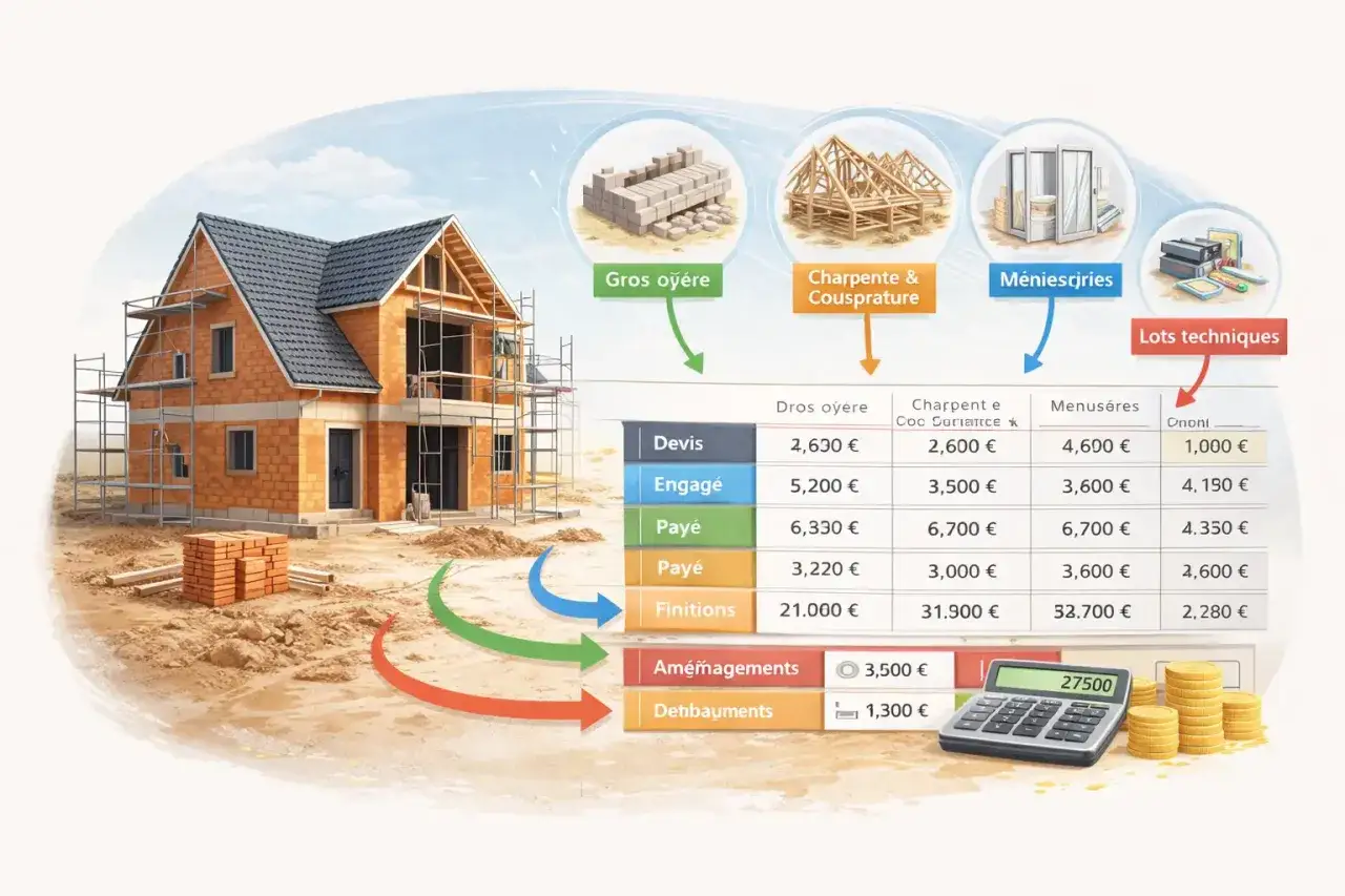Maison en construction avec un tableau des coûts. Le crédit construction est illustré par des étapes de gros œuvre, charpente, menuiseries et lots techniques.