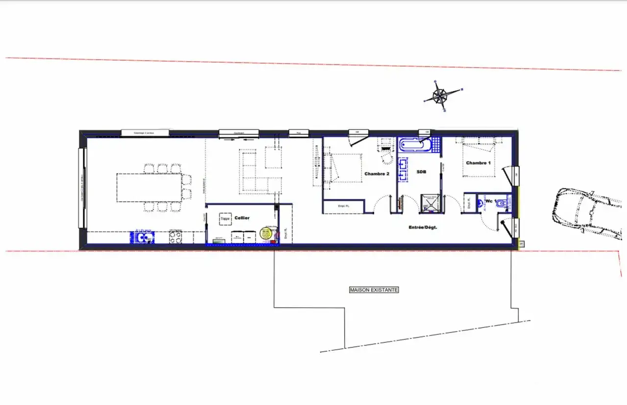 Plan maison en longueur : salle à manger, cellier, 2 chambres, SDB, WC, entrée. Le projet s'adosse à une maison existante.