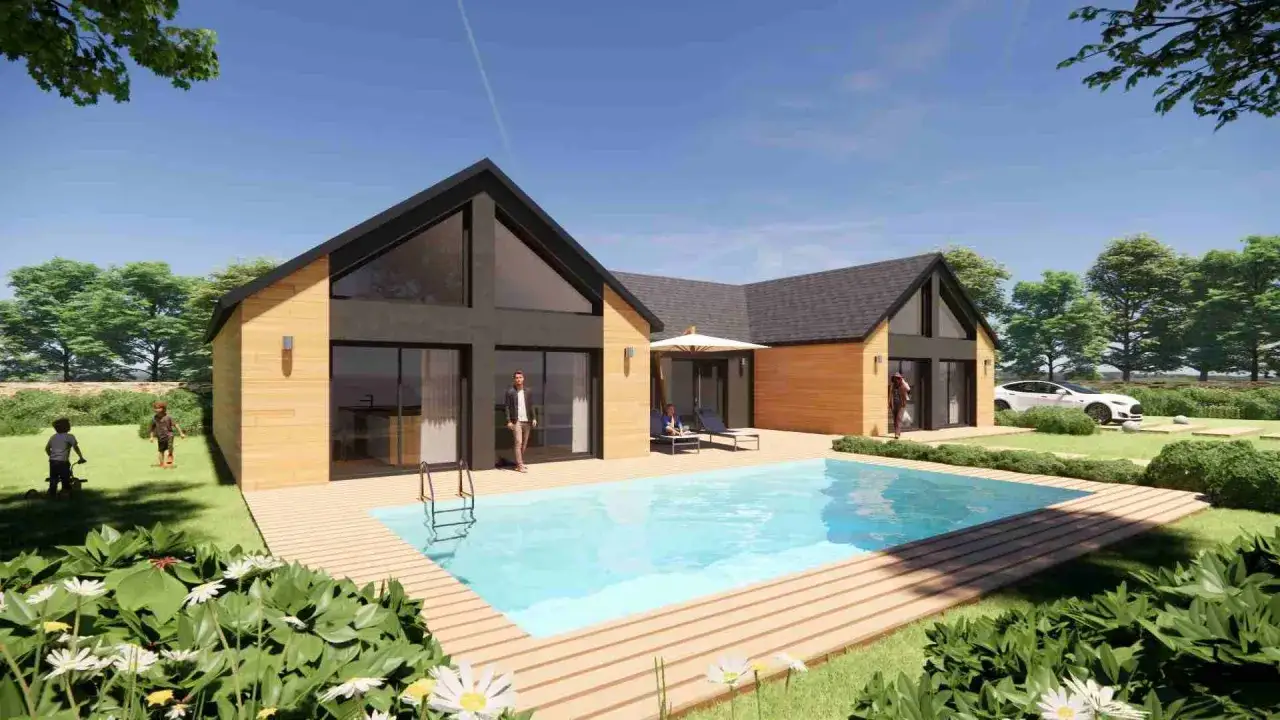 Une maison écologique moderne avec piscine, terrasse en bois et jardin verdoyant. Des enfants jouent dehors, une voiture électrique est garée.