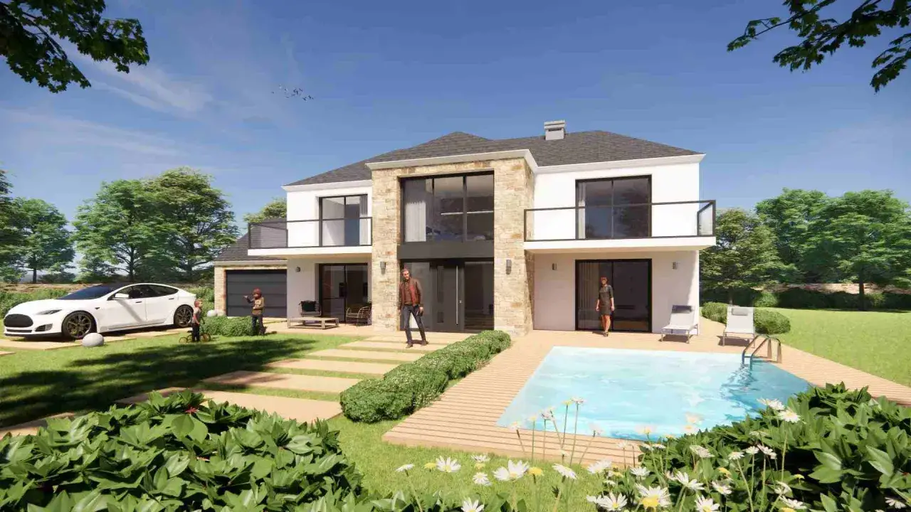 Belle maison de lotissement moderne avec piscine, garage double et voiture électrique.