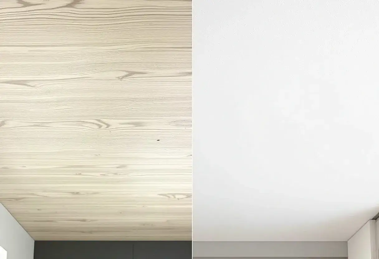 Avant/après : lambris en bois clair transformé en plafond lisse et blanc, prêt à recouvrir du lambris avec de l'enduit.