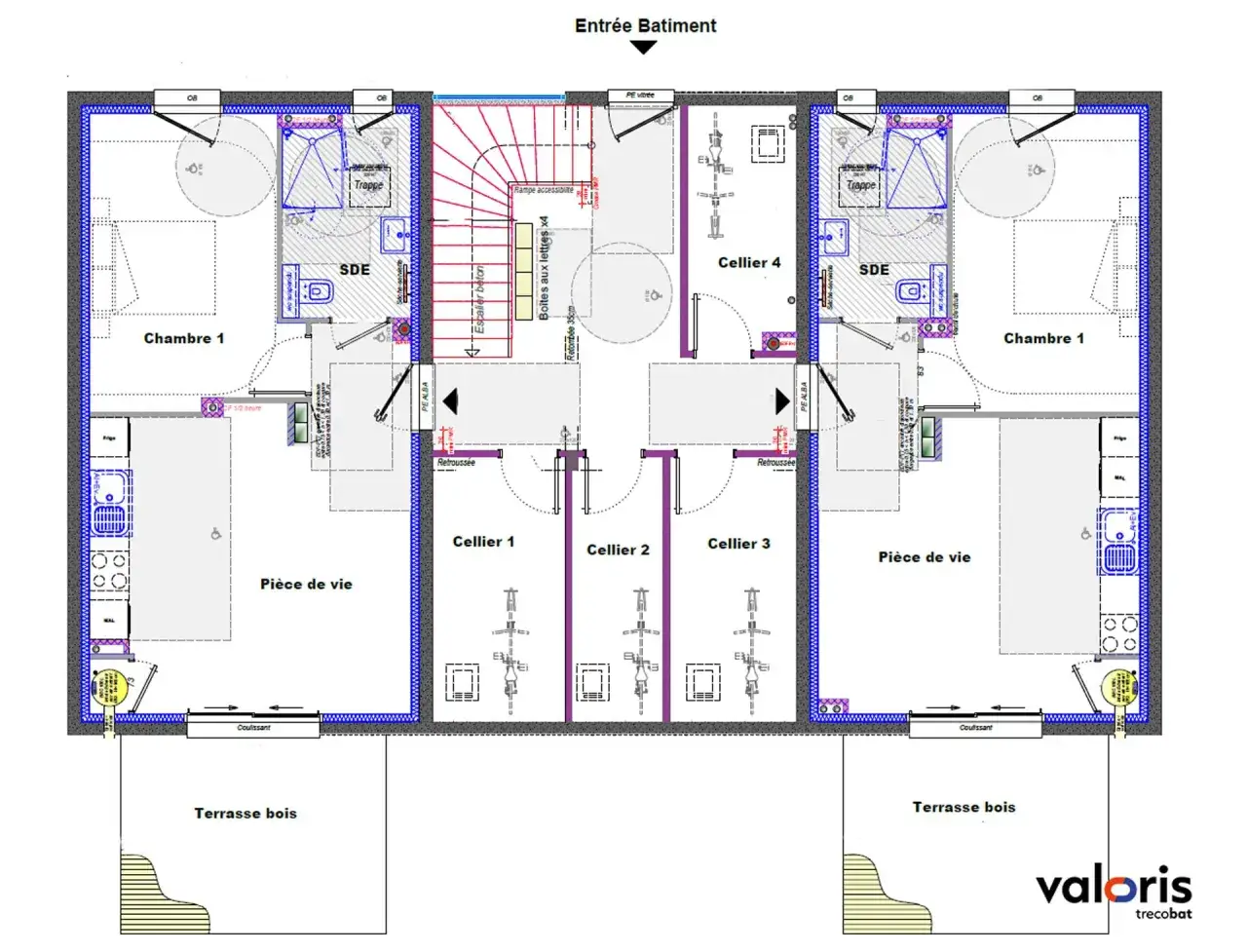 Plan d'étage montrant deux appartements avec chambres, pièces de vie, SDE, celliers et terrasses. Idéal pour un projet de pret construction.