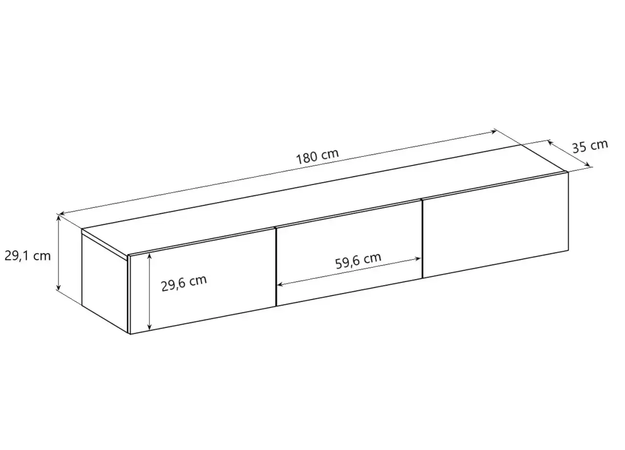 Meuble TV blanc, 180 cm de long, 35 cm de profondeur. La hauteur est de 29,1 cm et chaque compartiment mesure 29,6 cm ou 59,6 cm.