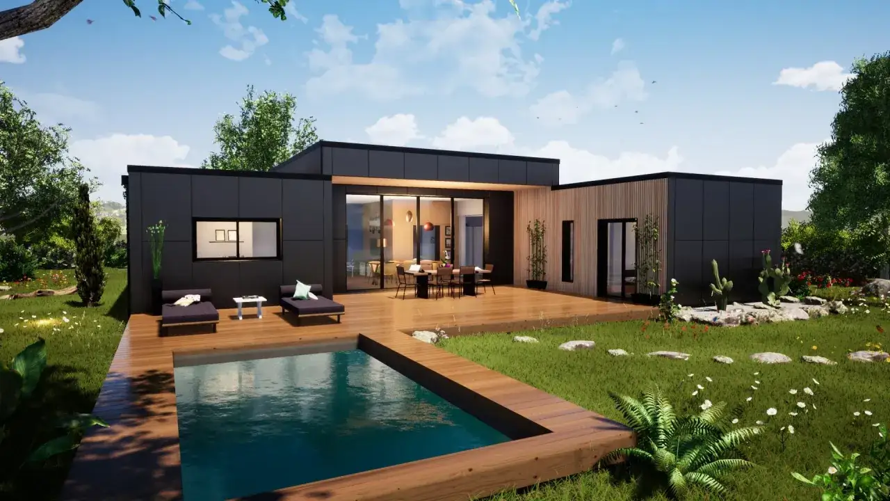 Une maison nature moderne avec piscine et terrasse en bois, entourée d'un jardin verdoyant et fleuri.