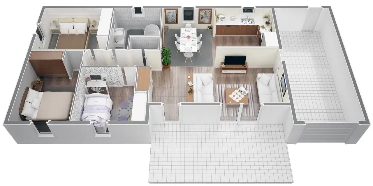 Plan appartement 80m2 2 chambres : deux chambres, salle de bain, cuisine, salon, salle à manger et terrasse.