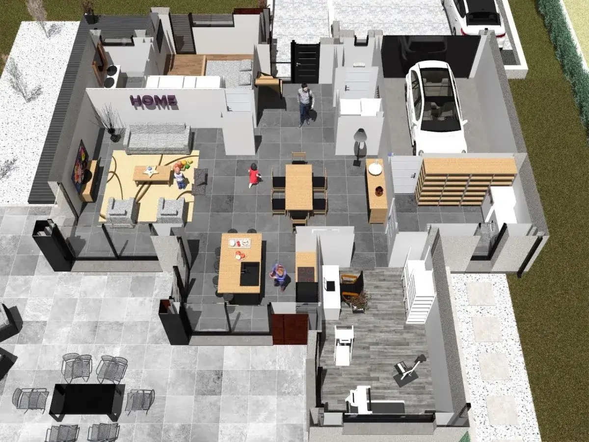 Vue aérienne d'une plan maison 5 chambres moderne avec garage, salon, cuisine, salle à manger et terrasse.